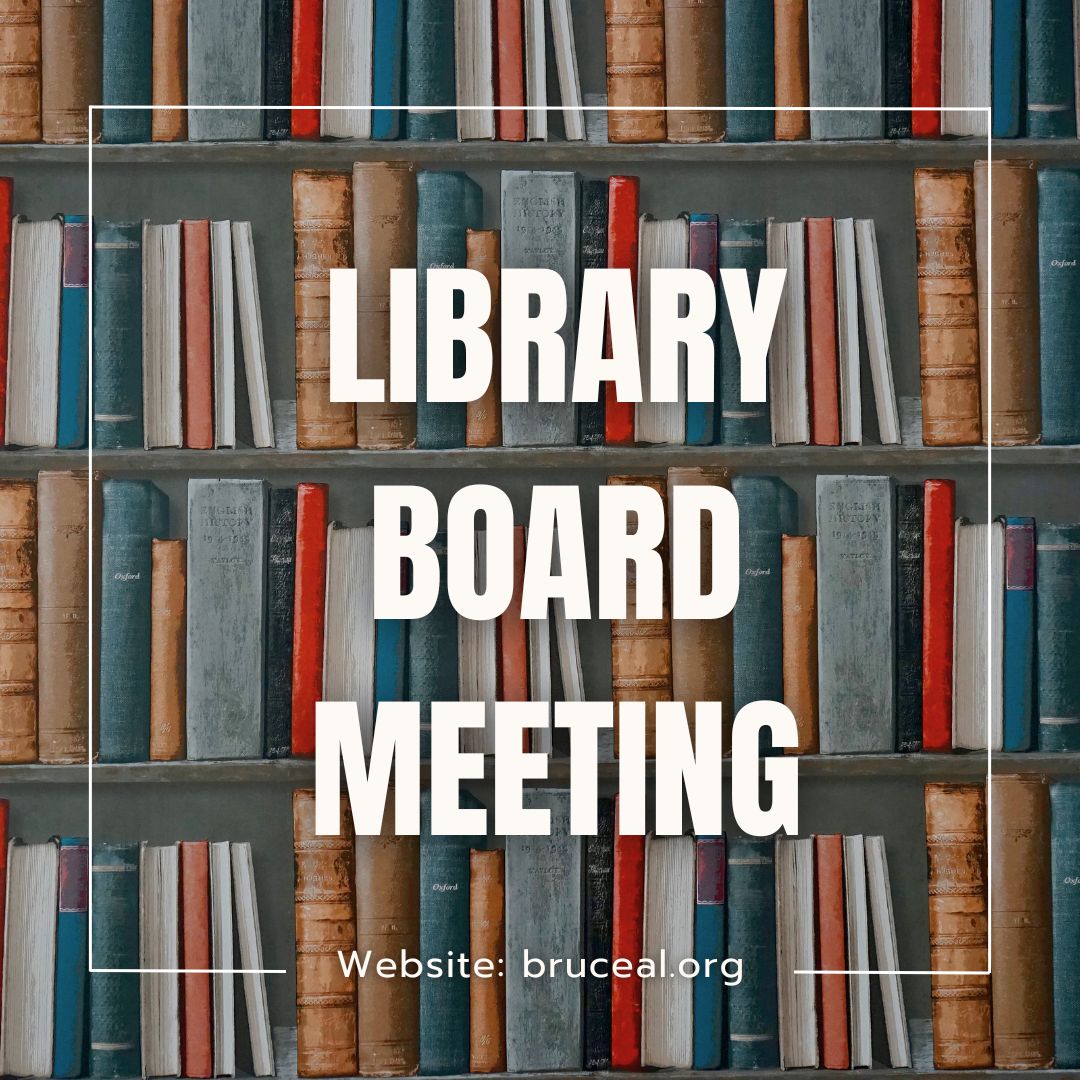 The image features a bookcase filled with an assortment of standing books. The books vary in size, color, and texture, creating a visually rich background. Their spines show a range of colors including blue, red, beige, and gray. Superimposed on this background are the large words "LIBRARY BOARD MEETING" in bold white capital letters. The text is centered on the image, covering the middle section from top to bottom.