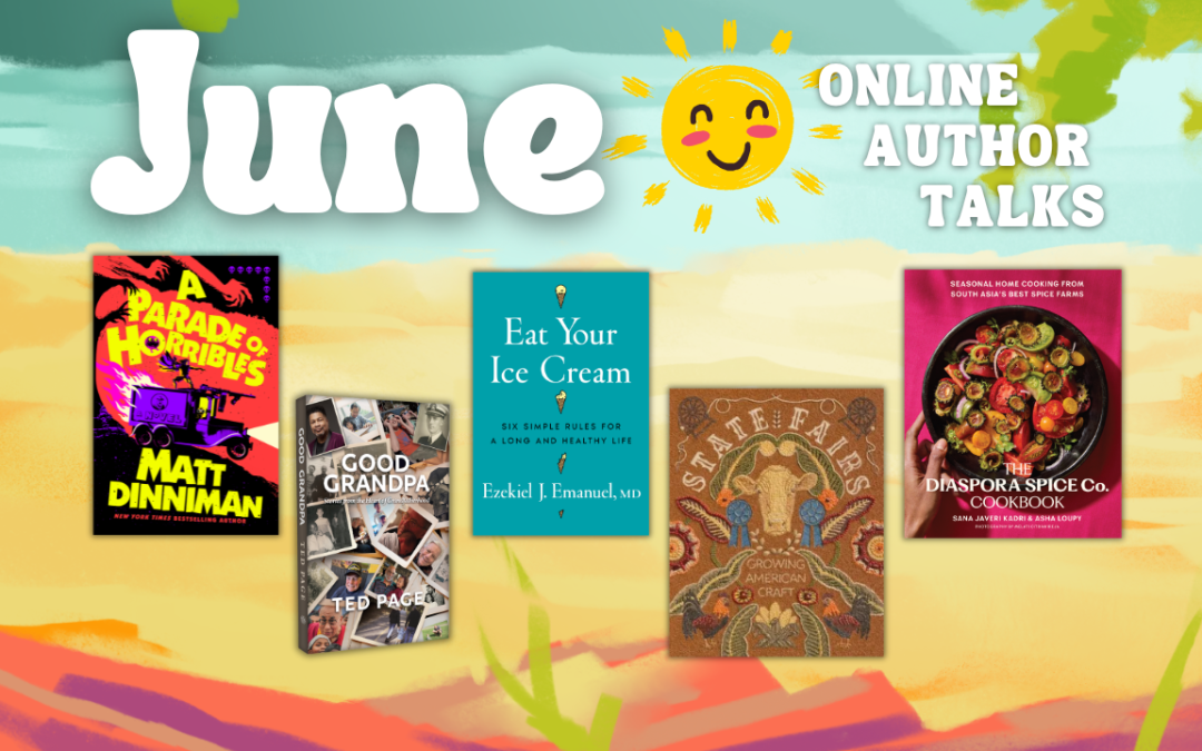 Promotional image for June online author talks featuring five book covers against a colorful sunrise background.