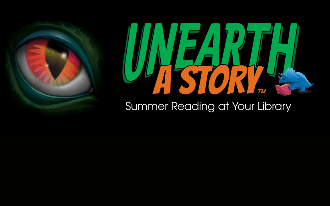 A colorful reptilian eye next to the text "UNEARTH A STORY" with a dinosaur reading a book.