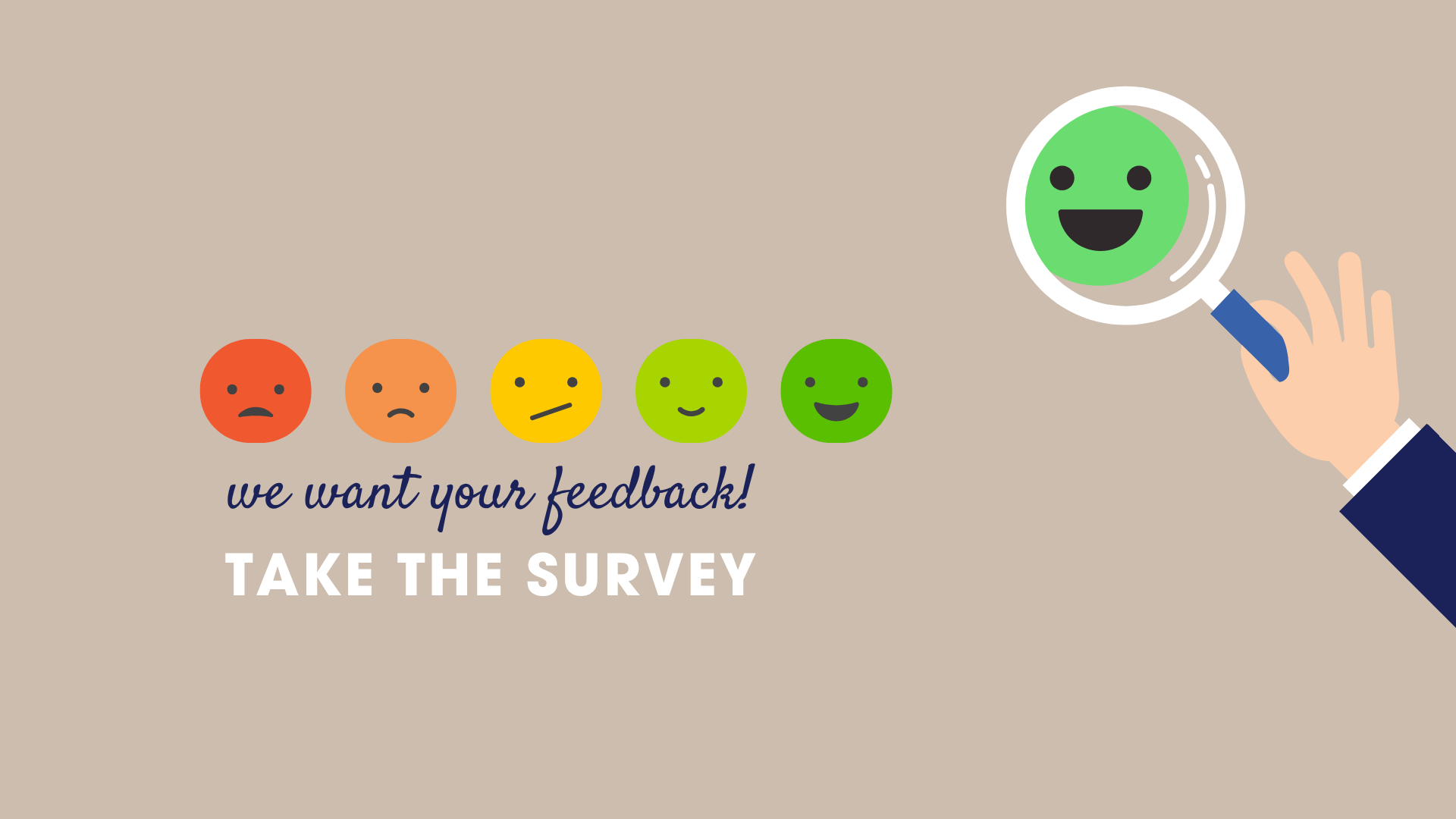 Emoticons showing varying emotions with text "we want your feedback! TAKE THE SURVEY" and a hand holding a magnifying glass over a green smiley face.